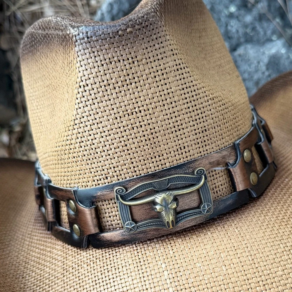 Western Cowboy Hat ⭐️ FESTIVAL NWT The Fallon Longhorn Accent Faux Leather Band - Picture 4 of 12
